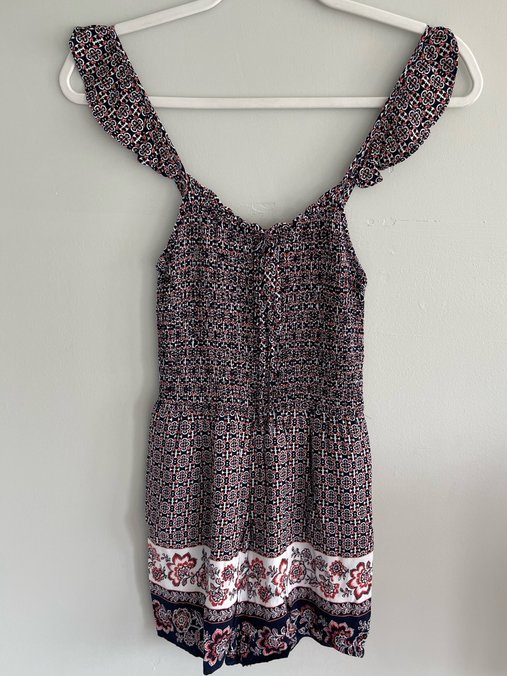 Boho Printed Romper with Ruffle Shoulder Straps - Navy/Red
